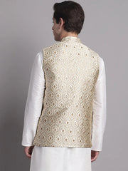 Men's Cream Woven Design Nehru Jacket-JOWC-4078