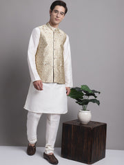 Men's Cream Woven Design Nehru Jacket-JOWC-4078