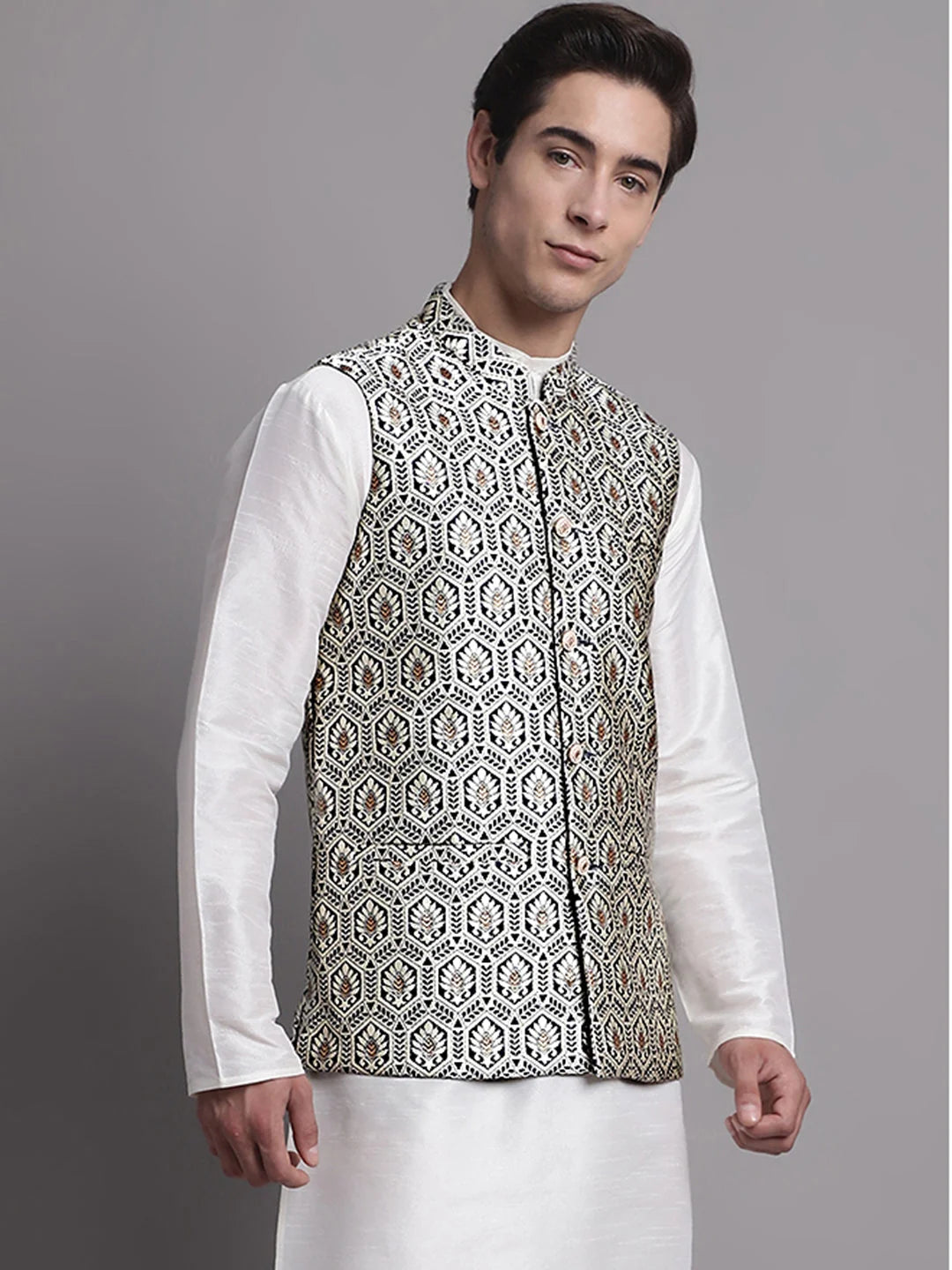 Navy Blue Nehru Jacket: Men's Ethnic Wear with Silver Woven De...