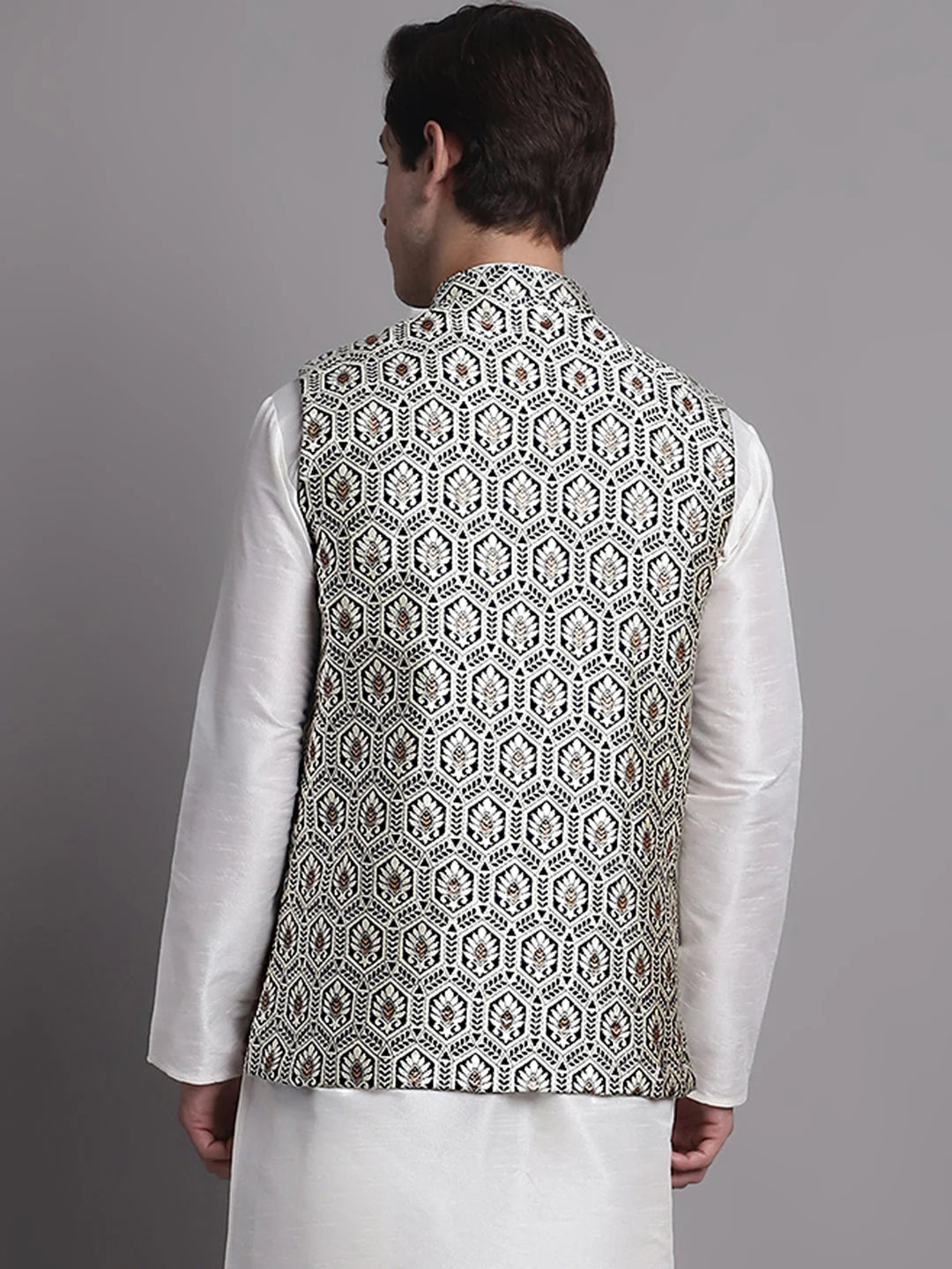 Navy Blue Nehru Jacket: Men's Ethnic Wear with Silver Woven De...