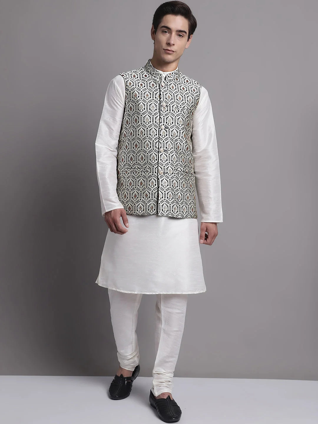 Navy Blue Nehru Jacket: Men's Ethnic Wear with Silver Woven De...