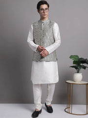 Men's Navy Blue and Silver Woven Design Nehru Jacket