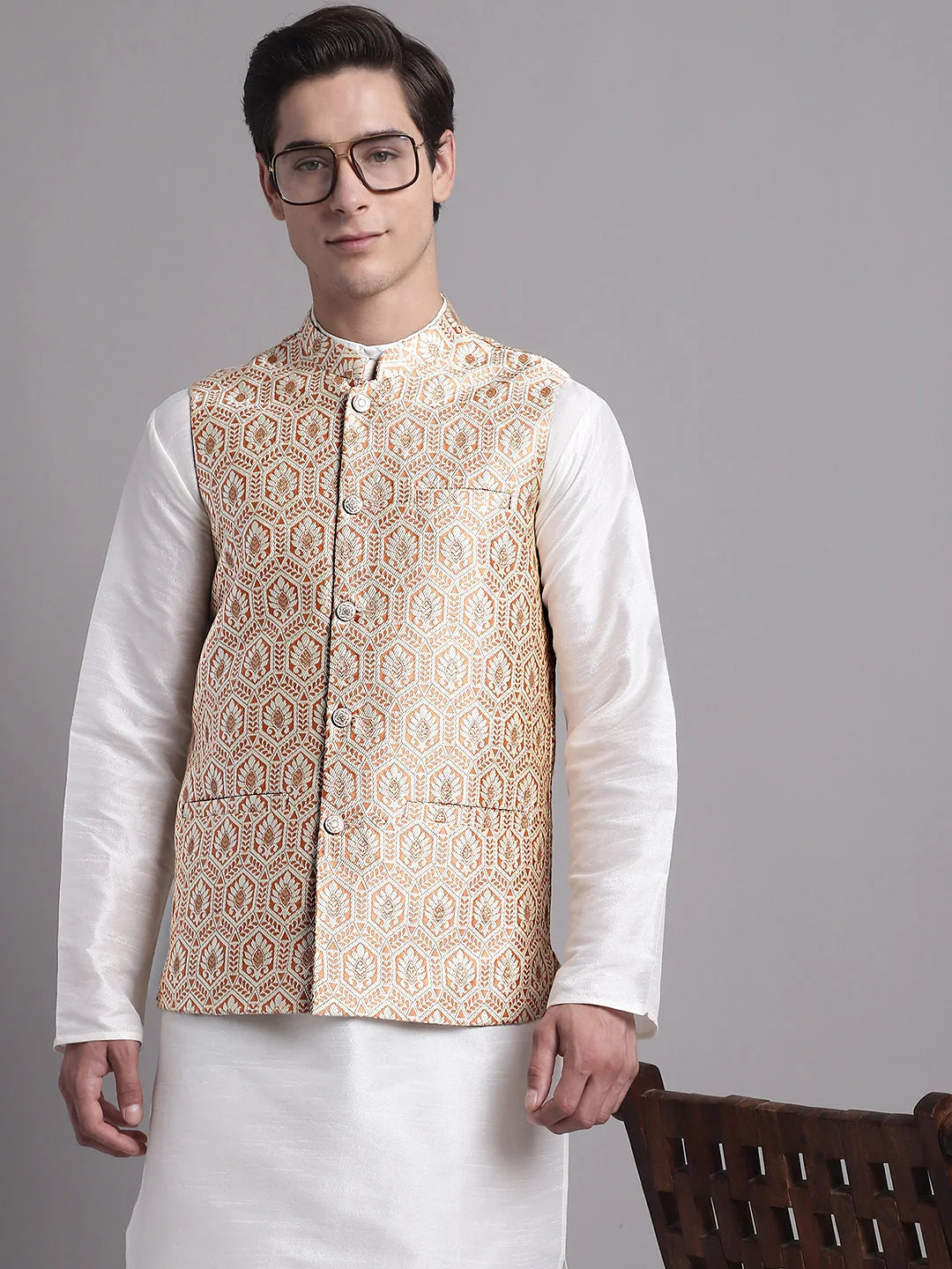 Peach & Gold Woven Nehru Jacket - Men's Ethnic Wear, Modi