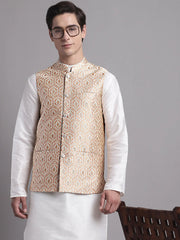 Men's Peach and Golden Woven Design Nehru Jacket