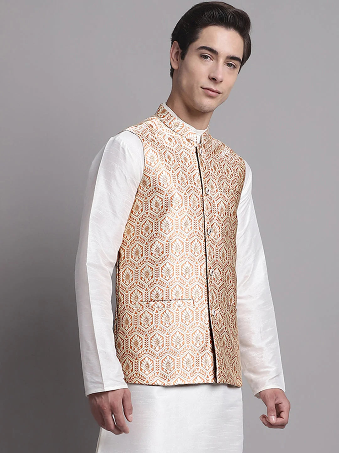 Peach & Gold Woven Nehru Jacket - Men's Ethnic Wear, Modi