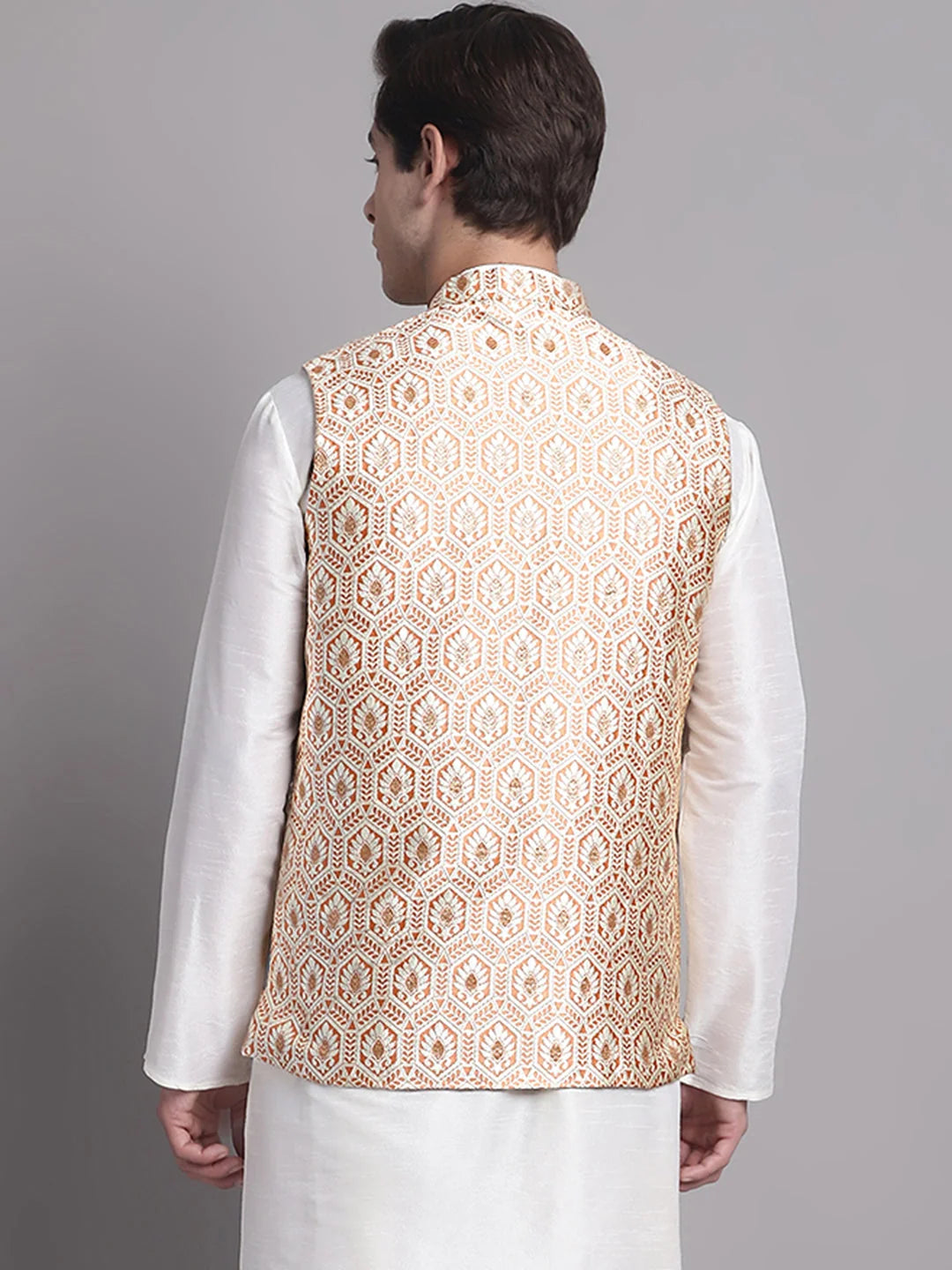 Peach & Gold Woven Nehru Jacket - Men's Ethnic Wear, Modi