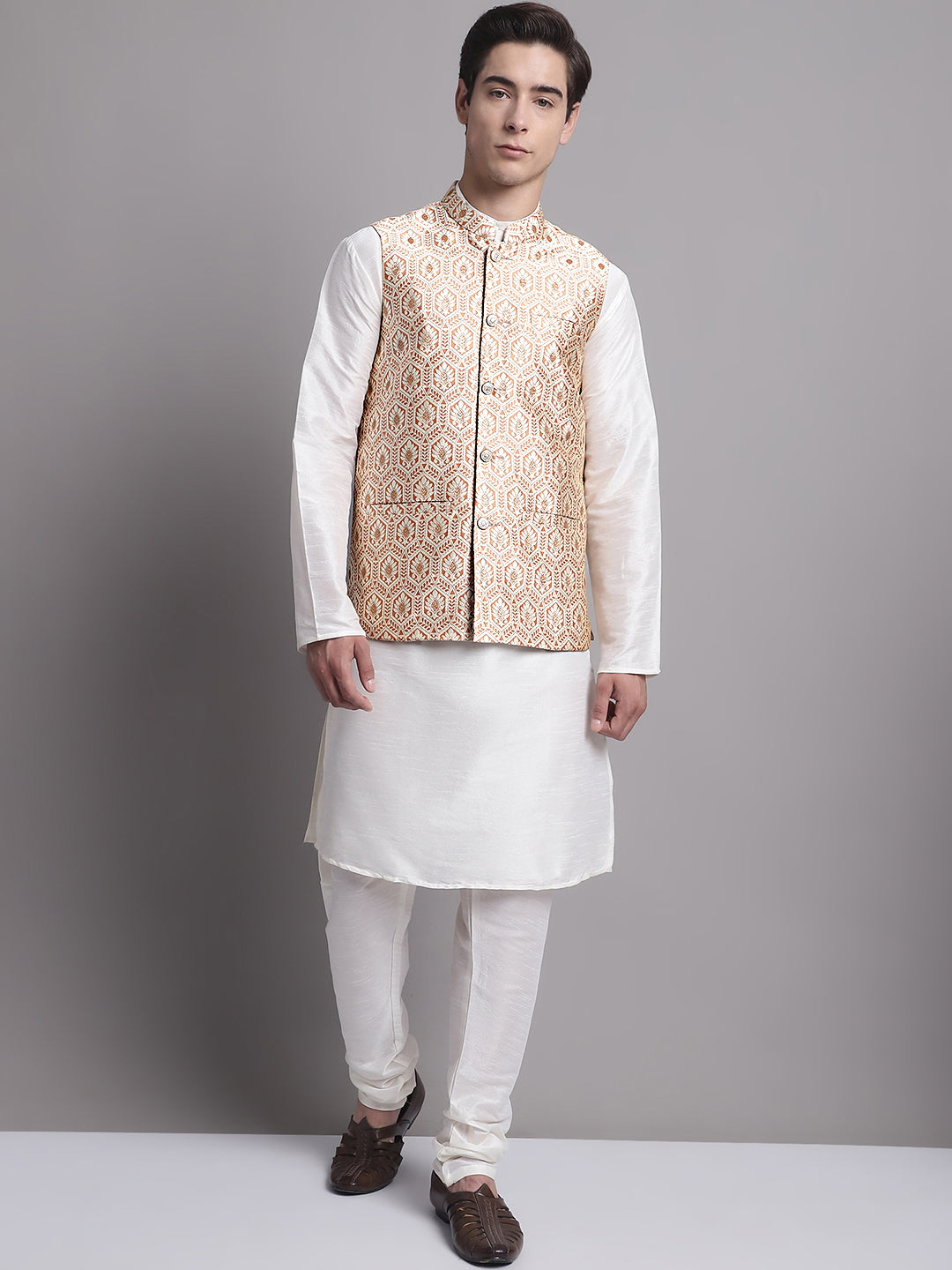 Peach & Gold Woven Nehru Jacket - Men's Ethnic Wear, Modi