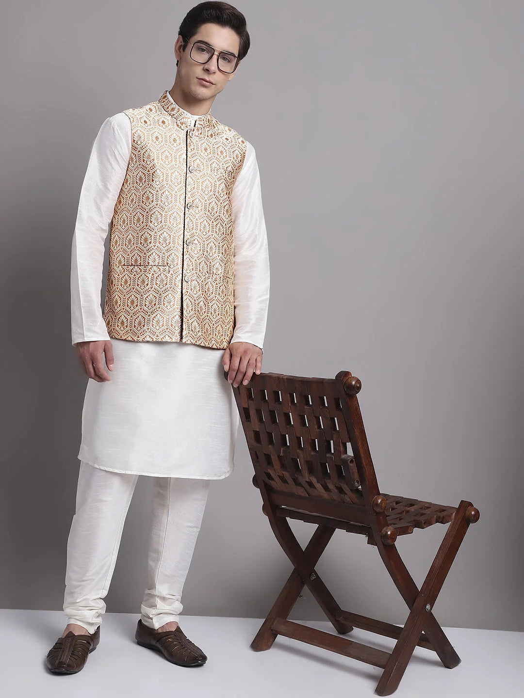 Peach & Gold Woven Nehru Jacket - Men's Ethnic Wear, Modi