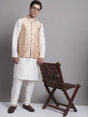 Men's Peach and Golden Woven Design Nehru Jacket
