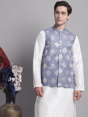 Men's Blue and Golden Printed Nehru Jacket