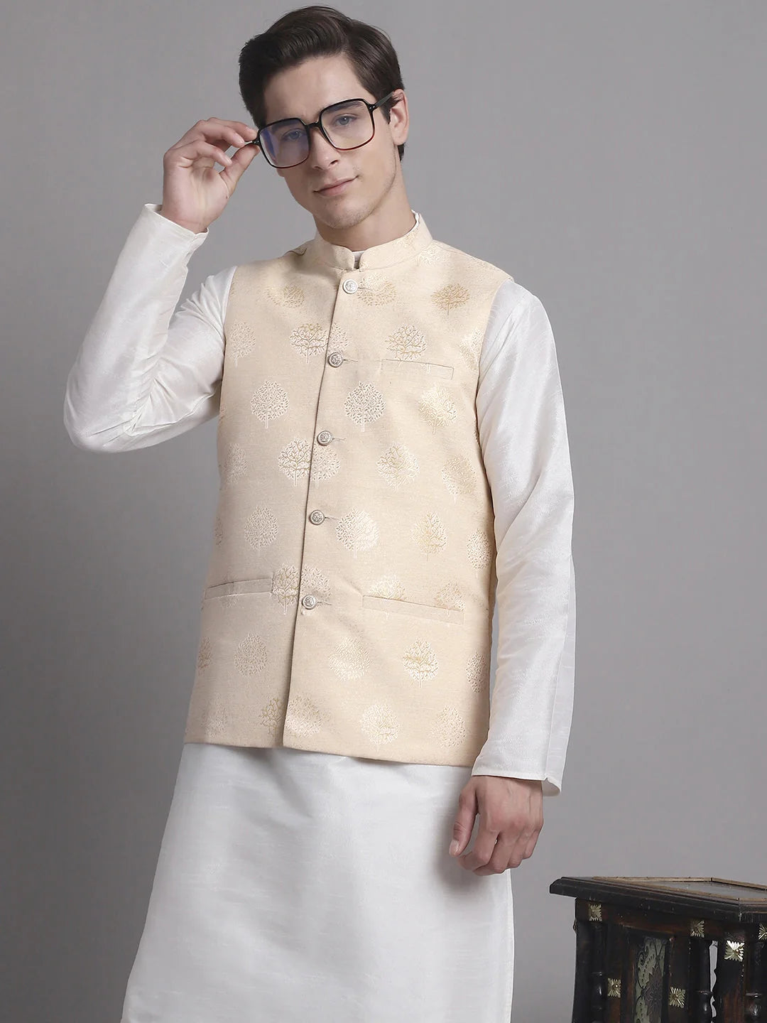 Cream & Gold Nehru Jacket - Nehru Jacket for Wedding, Modi