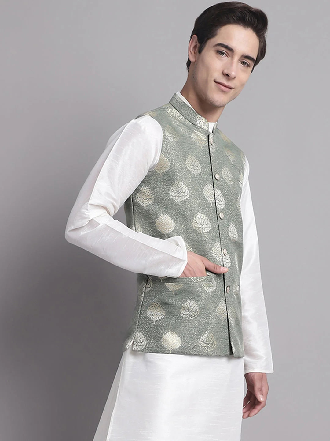 Green & Gold Nehru Jacket - Indian Nehru Jackets, Modi Jacket
