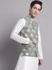Men's Green and Golden Printed Nehru Jacket