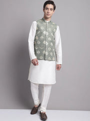 Men's Green and Golden Printed Nehru Jacket
