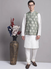 Men's Green and Golden Printed Nehru Jacket