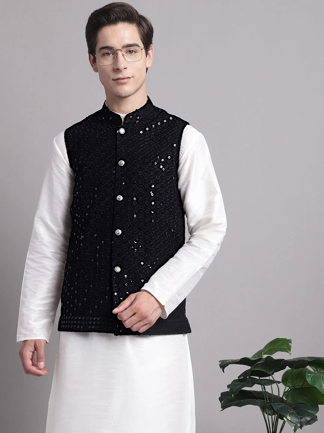 Black Sequin Nehru Jacket - Men's Ethnic Wear, Modi Jacket