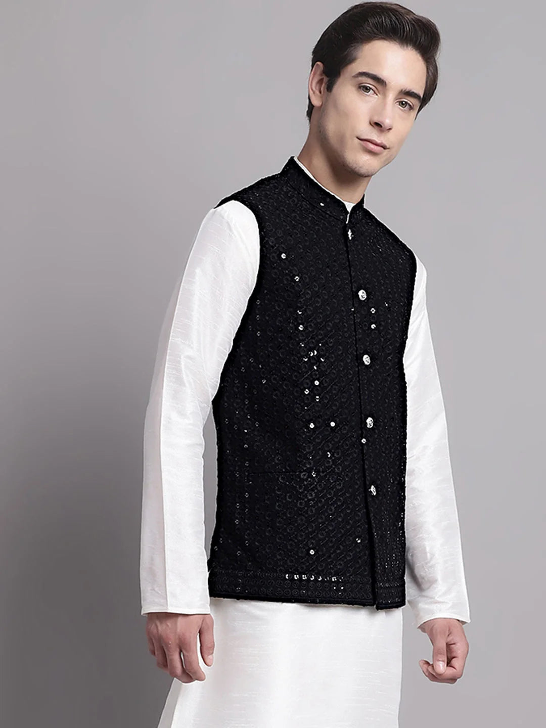 Black Sequin Nehru Jacket - Men's Ethnic Wear, Modi Jacket