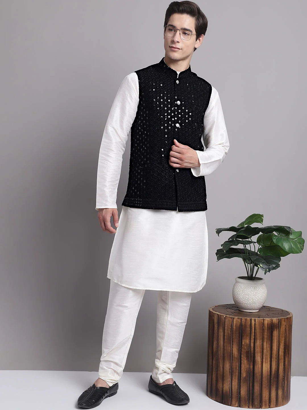 Black Sequin Nehru Jacket - Men's Ethnic Wear, Modi Jacket