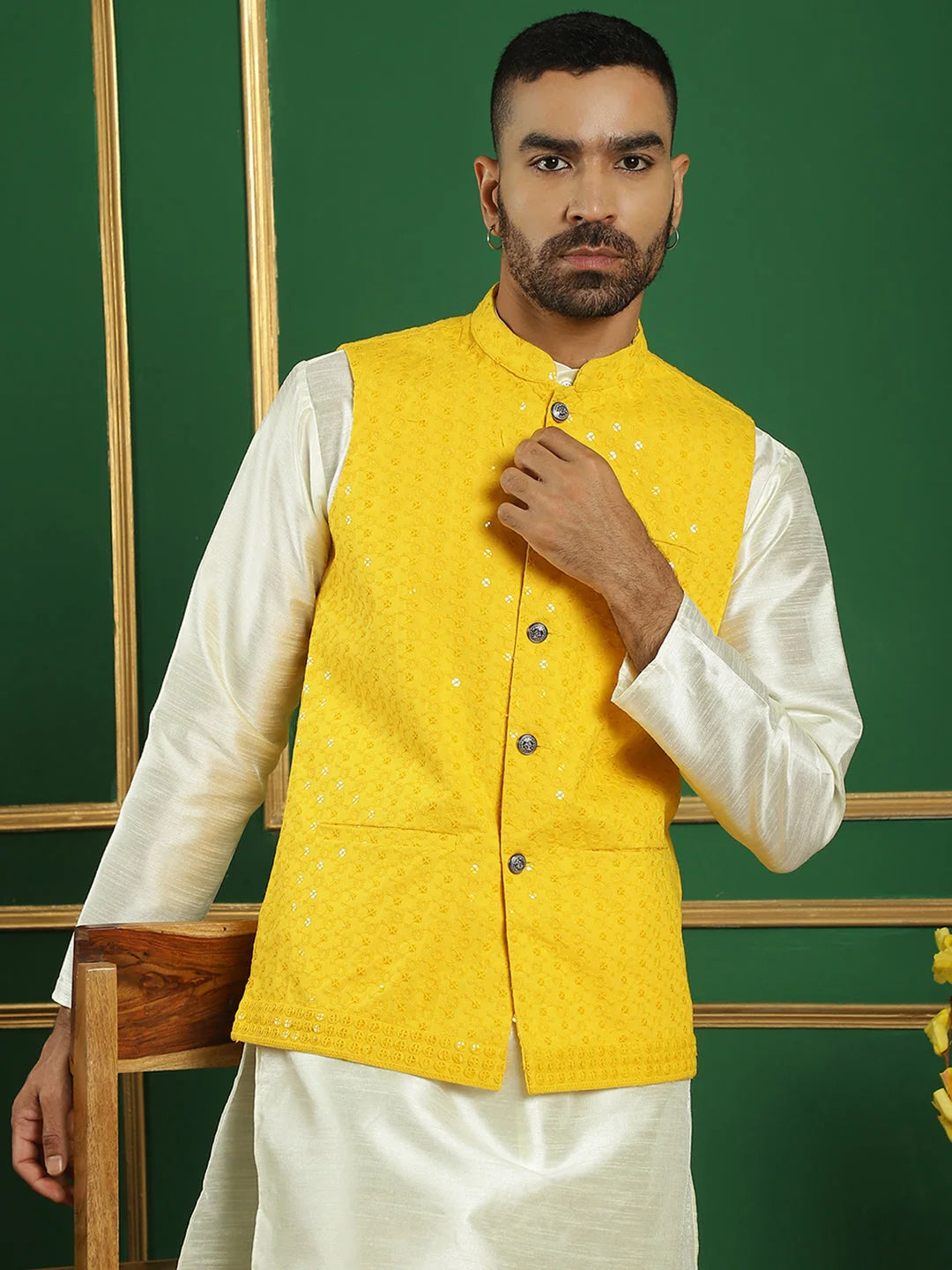 Yellow Embroidered Nehru Jacket - Men's Indian Nehru Jackets