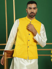Men's Yellow Sequins and Embroidered Nehru Jacket-JOWC-4080Yellow