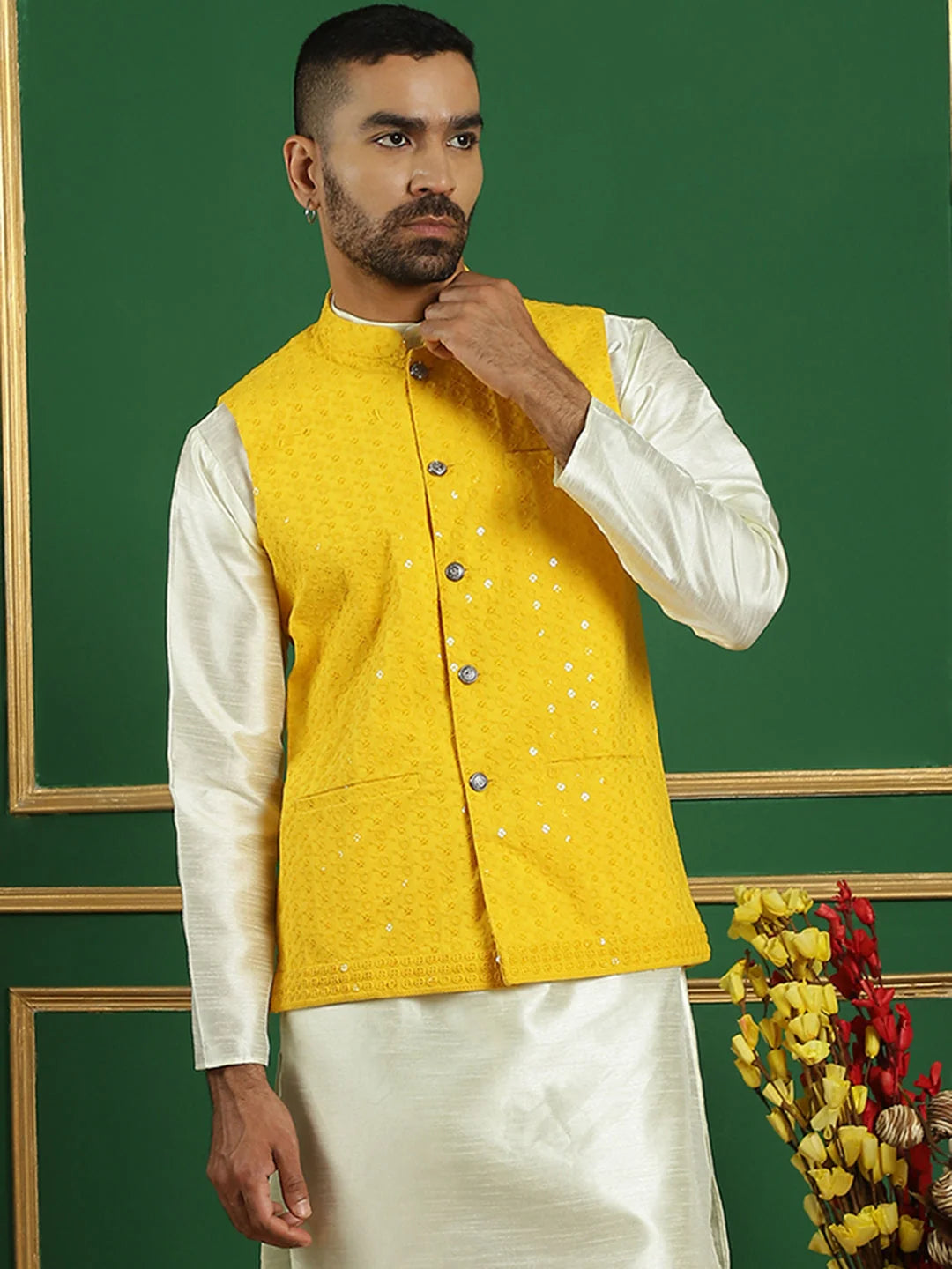 Yellow Embroidered Nehru Jacket - Men's Indian Nehru Jackets