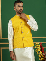 Men's Yellow Sequins and Embroidered Nehru Jacket-JOWC-4080Yellow
