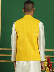 Men's Yellow Sequins and Embroidered Nehru Jacket-JOWC-4080Yellow