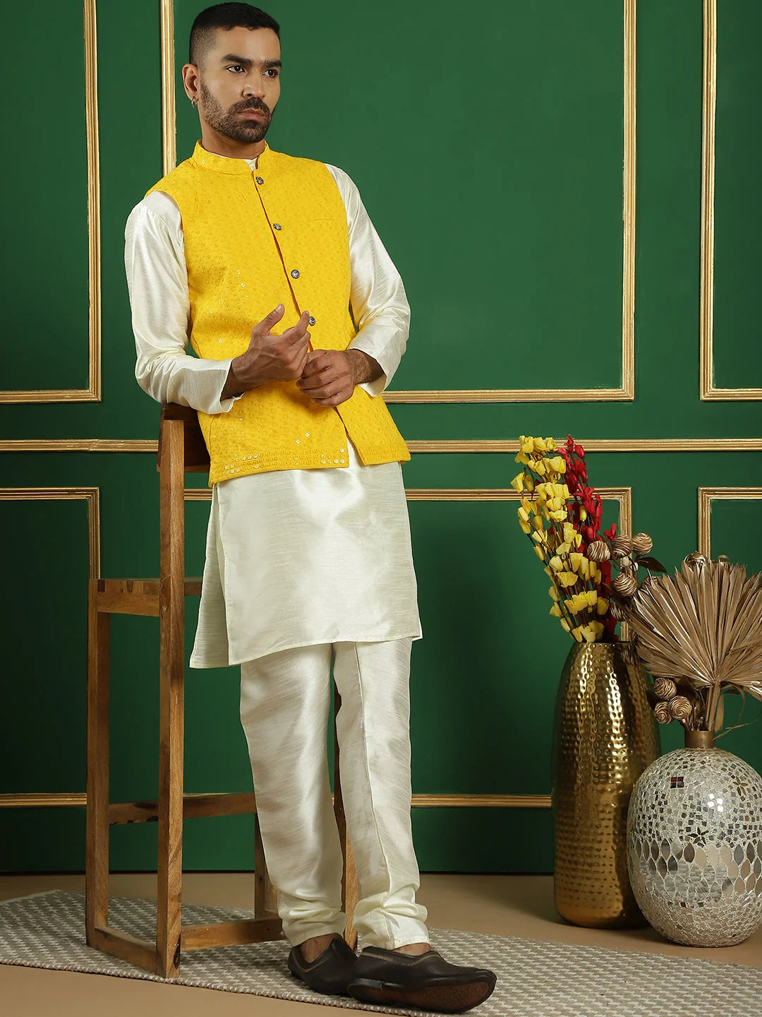 Yellow Embroidered Nehru Jacket - Men's Indian Nehru Jackets