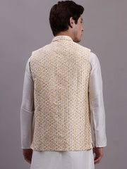 Men's Cream Woven Design Nehru Jacket With Solid Kurta Pyjama -AD