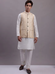Men's Cream Woven Design Nehru Jacket With Solid Kurta Pyjama -AD
