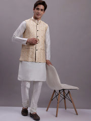 Men's Cream Woven Design Nehru Jacket With Solid Kurta Pyjama -AD