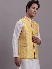 Men's Golden Woven Design Nehru Jacket With Solid Kurta Pyjama-JOWC 4081