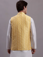 Men's Golden Woven Design Nehru Jacket With Solid Kurta Pyjama-JOWC 4081