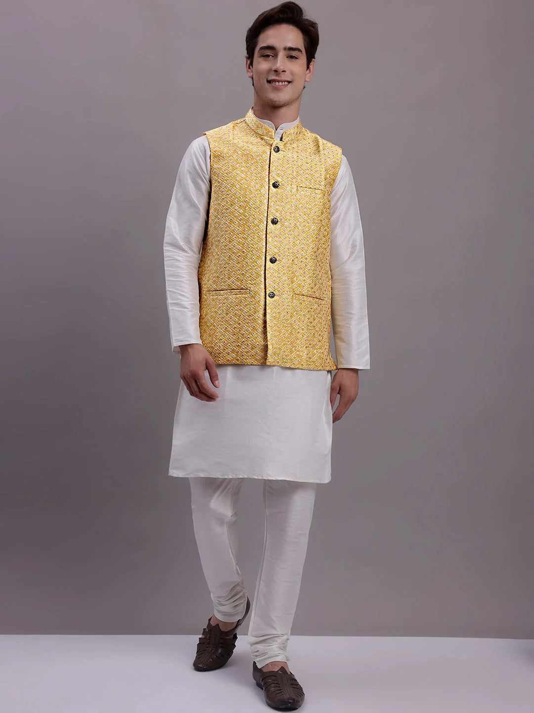Golden Nehru Jacket with Kurta | Men's Ethnic Nehru Jackets