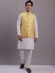 Men's Golden Woven Design Nehru Jacket With Solid Kurta Pyjama-JOWC 4081