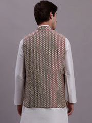 Men's Peach Woven Design Nehru Jacket With Solid Kurta Pyjama-QS
