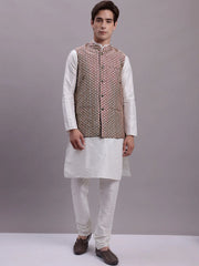 Men's Peach Woven Design Nehru Jacket With Solid Kurta Pyjama-QS