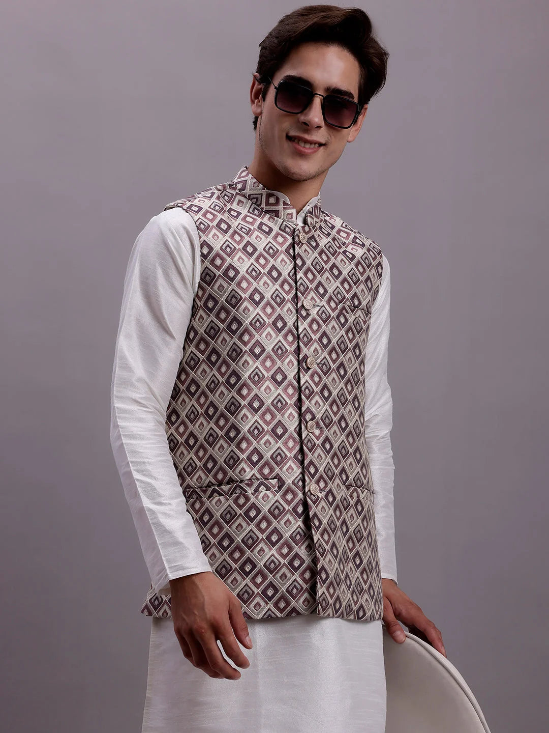 Men's Purple Woven Design Nehru Jacket With Solid Kurta Pyjama-JOWC