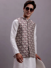 Men's Purple Woven Design Nehru Jacket With Solid Kurta Pyjama-JOWC