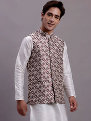 Men's Purple Woven Design Nehru Jacket With Solid Kurta Pyjama-JOWC