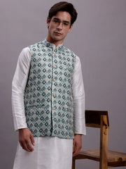 Men's Turquoise Blue Woven Design Nehru Jacket With Solid Kurta Pyjama-JOWC