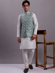 Men's Turquoise Blue Woven Design Nehru Jacket With Solid Kurta Pyjama-JOWC