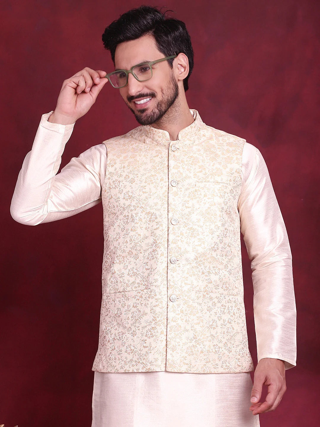 Cream Cotton Solid Nehru Jacket | Men's Ethnic Wear