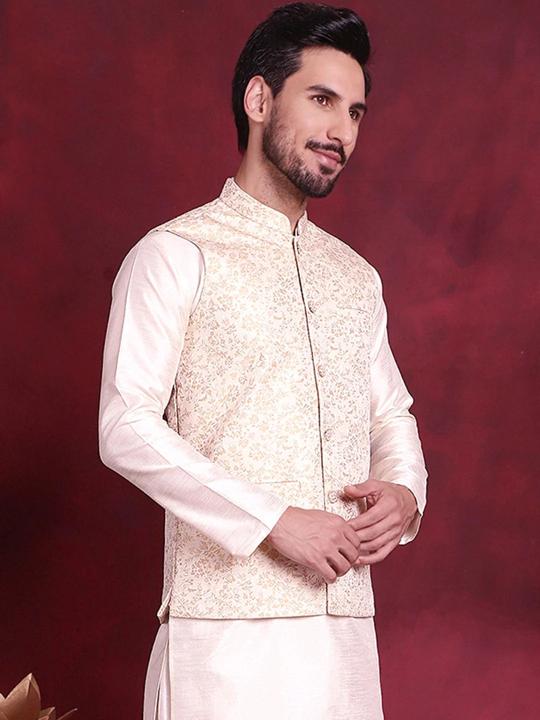 Cream Cotton Solid Nehru Jacket | Men's Ethnic Wear