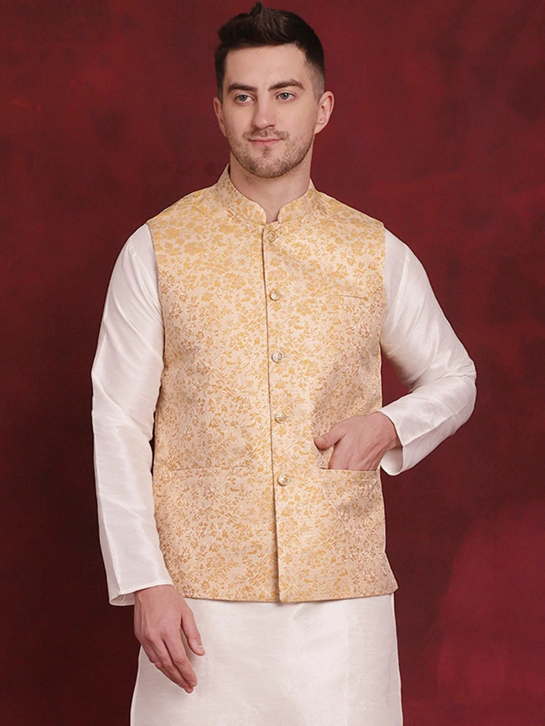 Golden Woven Nehru Jacket | Indian Nehru Jackets Online