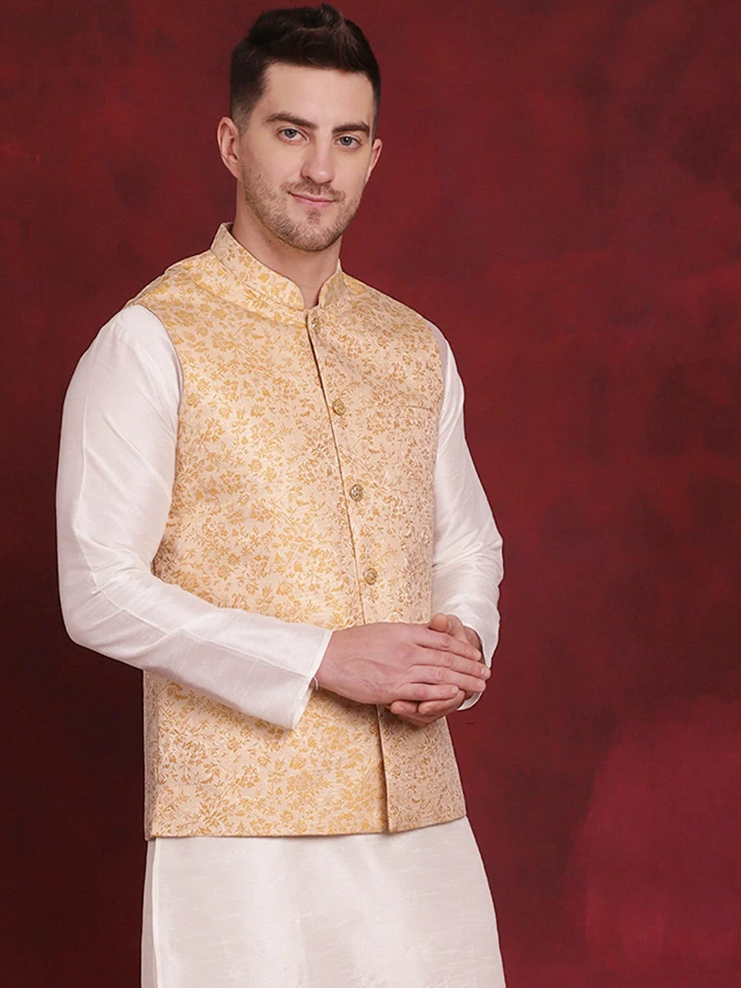 Golden Woven Nehru Jacket | Indian Nehru Jackets Online