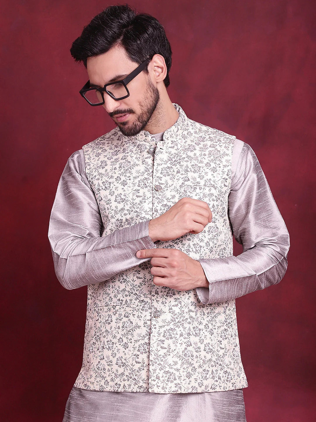Grey Woven Design Nehru Jacket | Ethnic Nehru Jackets