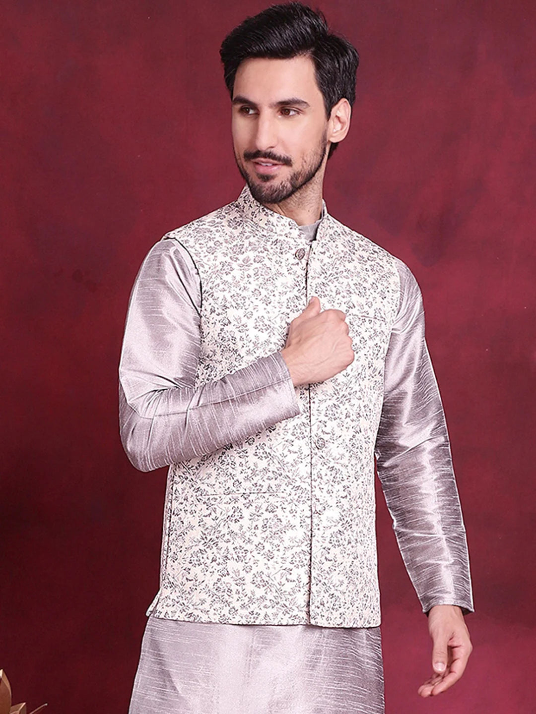 Grey Woven Design Nehru Jacket | Ethnic Nehru Jackets
