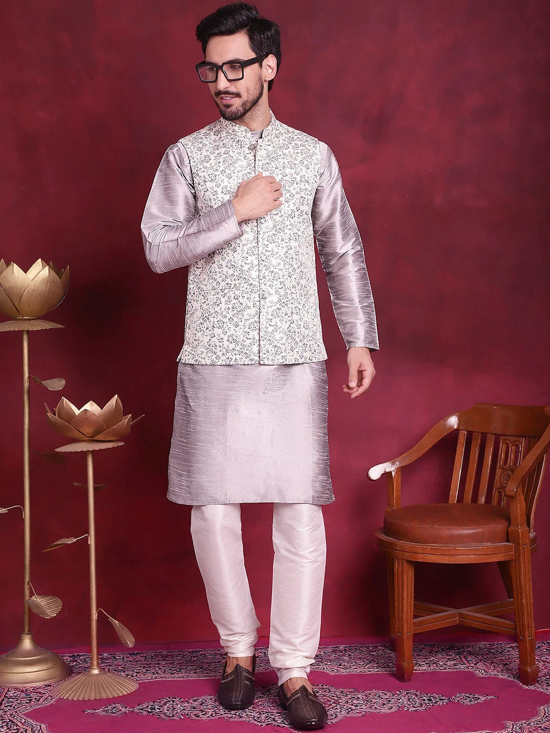 Grey Woven Design Nehru Jacket | Ethnic Nehru Jackets