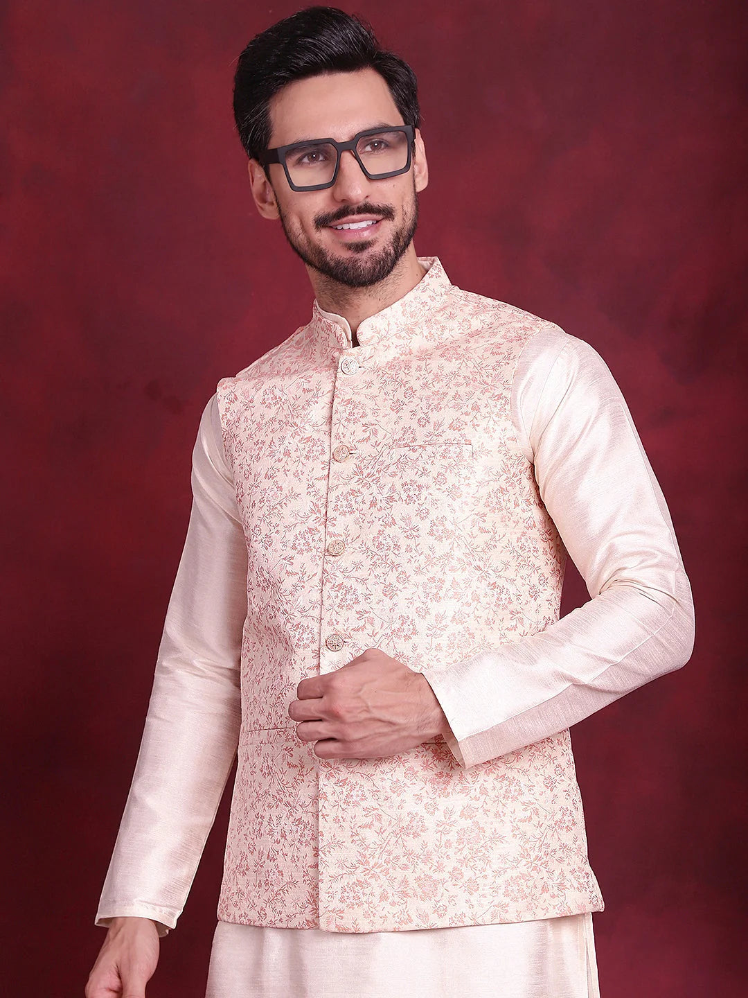 Pink Woven Design Nehru Jacket | Nehru Jackets for Weddings